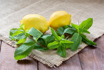Fresh mint with a juicy lemon on the burlap.