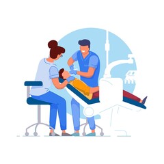 Dentist patient. Doctor specialist and assistant using tools, examining or treating patient teeth. Person in chair visiting dentist in dental clinic office. Stomatology, healthcare, dentistry concept