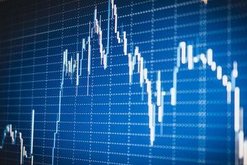 Display of quotes pricing graph visualization under blue background. Financial statistic analysis on dark background with growing financial charts. Stock analyzing. Price chart bars.
