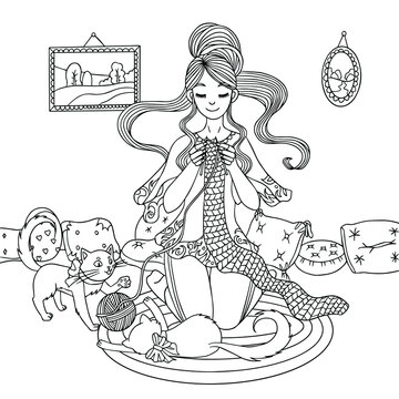 Girl knits a scarf at home with playing kittens. Coloring page. Self-isolation. Hygge line art. Vector outline illustration for coloring book for relaxing at home.