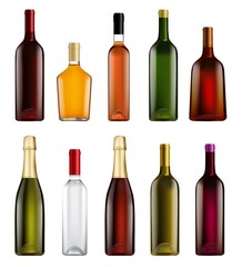Alcohol bottle set. Realistic empty alcohol bottle template with place for brand label design. Vector glass container bundle for alcoholic bar beverage illustration. Isolated set on white background