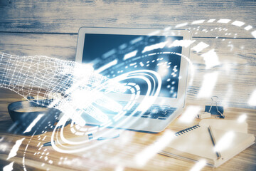 Double exposure of desktop with personal computer on background and tech theme drawing. Concept of data analysis.