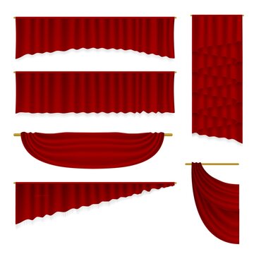 Stage Curtains Set. Isolated Vector Realistic Velvet Textile Decoration Pelmet Drapery Design Collection. Luxury Top Border Valance Red Curtains Stage Interior Decor