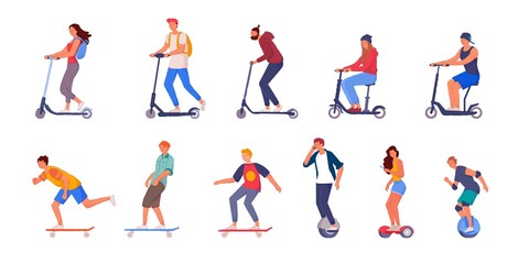 People riding set. People riding push-kick and electric scooter, monocycle, hoverboard, skateboard isolated on white background. Eco-friendly transport, sport and healthy lifestyle vector illustration