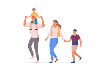 Happy family. Smiling mother, father and children performing outdoor recreational activity. Parent with boy and girl kid walking together isolated on white background. Happy family vector illustration