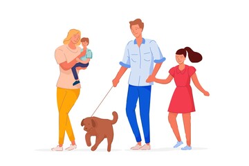Family time. Happy parent and children spend family time together. Mother, father, teenager daughter and little son walking dog vector illustration. People on walk isolated on white background