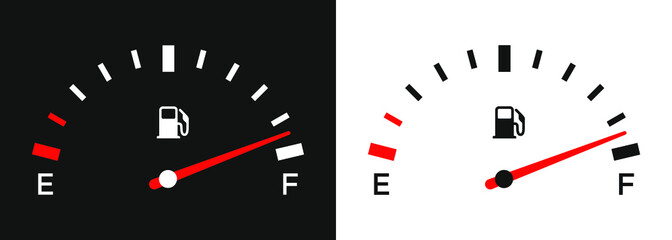 Fuel gauge full on black and white background. - obrazy, fototapety, plakaty