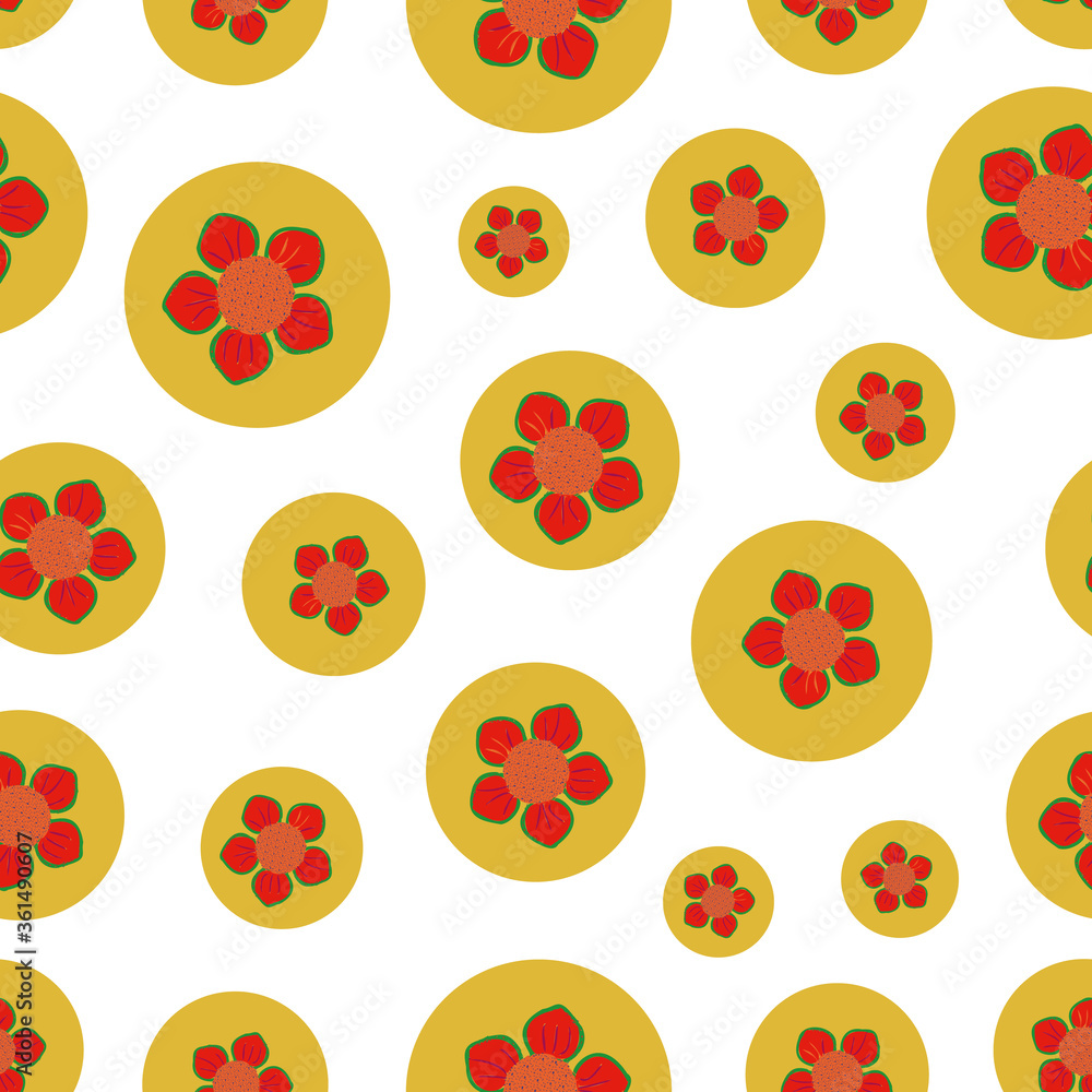 Poster Yellow and orange retro flowers seamless repeat pattern print background