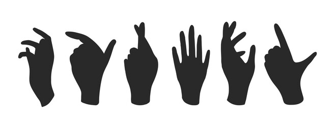 Vector set of black silhouettes of human hands on a white isolated background. Hand gestures and poses, hand silhouette, hand silhouette, palm silhouette, hands gestures silhouettes