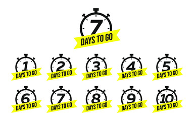 Number 1, 2, 3, 4 5 6 7 8 9 10 of days left to go. Collection badges sale landing page banner. Promotional banners. Vector illustration.
