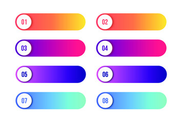 Modern bullet points with numbers 1 to 8 in colorful text boxes. Web element. Vector illustration.