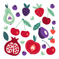 Fruits and berries - pear, pomegranate, cherry, strawberry, apple, blueberry, blackberry