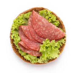 Sandwich with salami sausage on white background.