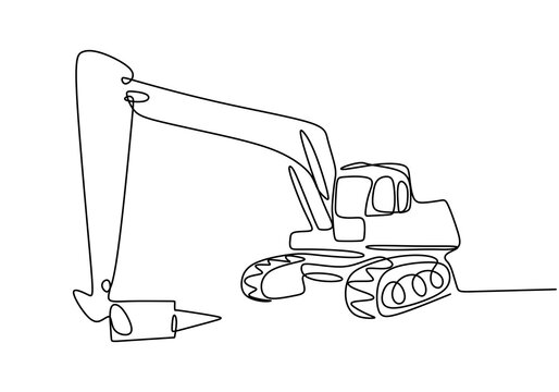 Continuous line art or one line drawing of construction backhoe vehicle. Heavy construction machinery concept. Excavator work isolated on white background. Vector design illustration