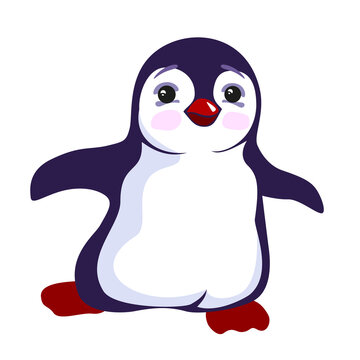 A funny little penguin runs with outstretched wings. Cartoon style. Vector illustration isolated on a white background.