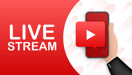 Live stream flat logo - red vector design element with play button. Vector illustration