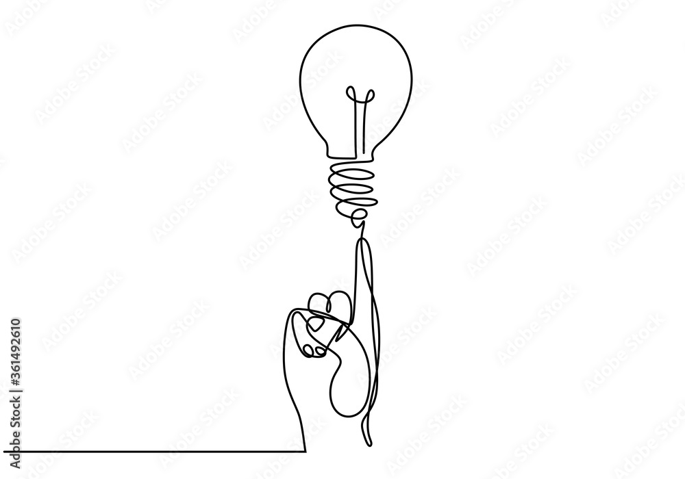 Poster continuous one line drawing of hand pointing a bulb lamp. think big, point to idea concept minimal d