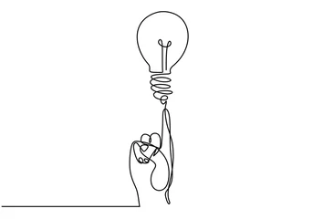 Fototapete Eine Linie Kontinuierliche einzeilige Zeichnung einer Hand, die auf eine Glühlampe zeigt. Denken Sie groß, zeigen Sie auf das minimale Design des Ideenkonzepts, das auf weißem Hintergrund lokalisiert wird. Vektorillustrationsminimalismuskonzept der Idee und der Krea