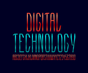 High colored font, condensed tall modern alphabet, trendy uppercase Latin letters from A to Z and Arab numbers from 0 to 9 for you designs, vector illustration 10EPS