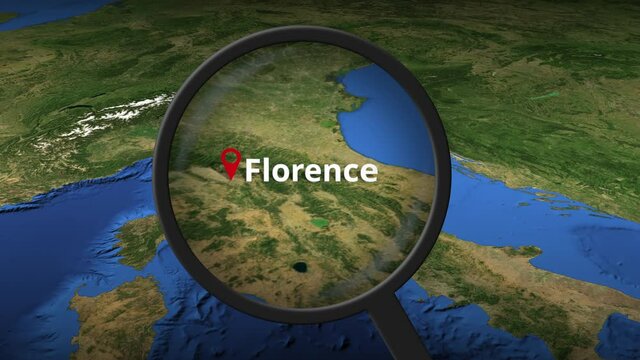 Loupe finds Florence city on the map, 3d rendering
