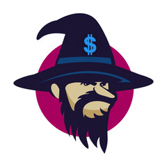 Head cartoon of wizard with dollar symbol in hat