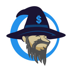 Head cartoon of wizard with dollar symbol in hat