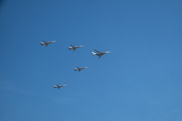 Russian military planes fly in the sky