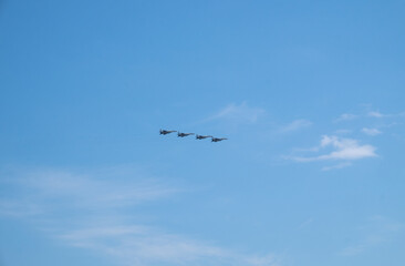 Russian military planes fly in the sky