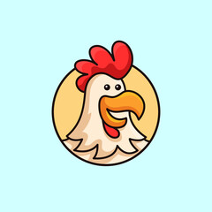 smile rooster chicken character vector illustration. Male chicken out circle frame badge logo design