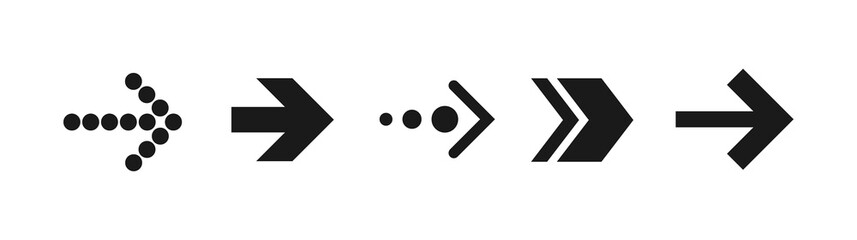 black right arrows set. Flat icon isolated on white. Continue icon.