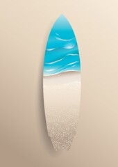 Double exposure of surfboard and beach background