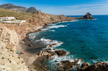 Coastline view with cliffs and little coves at Cabo de Gata-Níjar Natural Park, Almería province, Andalusia, Spain
