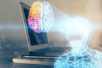 Computer on desktop with AR theme icon. Multi exposure. Concept of augmented reality.