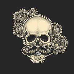 Dotwork styled skull with moustache and peonies . Hand drawn illustration. T-shirt design.