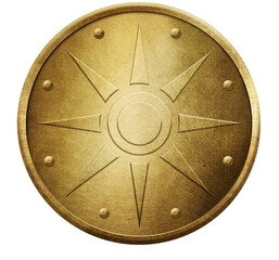 Round golden metal shield isolated on white 3d illustration.