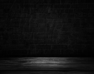 Empty wooden floor with a dark concrete wall background, black brick with space for your text. 3D illustration