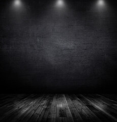 Wood table and black wall background with spotlights.