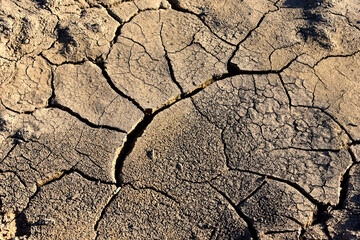 Dry lake or swamp in the process of drought and lack of rain or moisture, a global natural disaster. The cracked soil of the earth due to climate change. Hydrological drought, ccological catastrophy