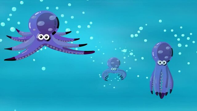 Swimming octopuses cartoon. Children animation. Good for titles, background, etc... Seamless loop.
