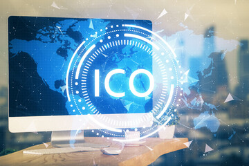 Multi exposure of blockchain theme hologram and table with computer background. Concept of bitcoin...