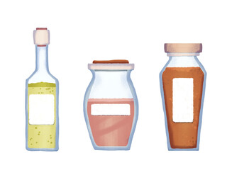 glass kitchen cans with ingredients, raster illustration