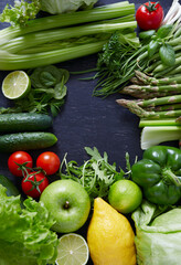 healthy fruits and vegetables on chalkboard