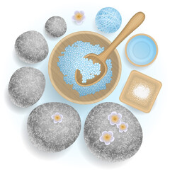 Vector illustration. Beauty and fashion concept with spa set. Top view. Stones, salt, cream, flowers. View from above. Natural cosmetic.