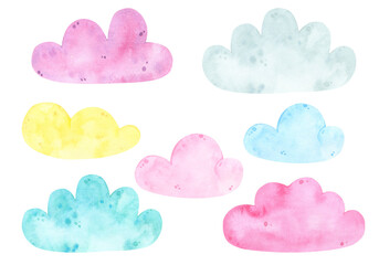 Watercolor cute colorful clouds weather set. Sky, sweet dreams. Watercolor prints baby room, baby shower, greeting card. Hand drawn illustration. Nursery decor. Scandinavian