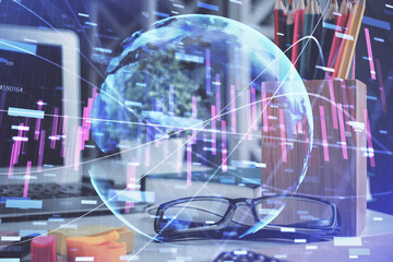 Fototapeta na wymiar Financial chart hologram with glasses on the table background. Concept of business. Double exposure.