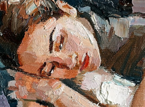 Sleepy beauty. Fragment of an oil portrait.
