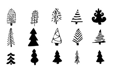 Set, collection doodle Christmas trees isolated on white background. Silhouette, scribble hand drawn objects in different design stock vector illustration.