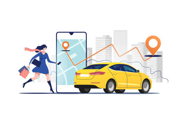 Online ordering taxi car, rent and sharing using service mobile application. Woman near smartphone screen with route and points location on a city map on the car and urban landscape background. © faber14