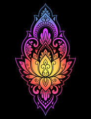 Colorful floral pattern for Mehndi and Henna drawing. Hand-draw lotus symbol. Decoration in ethnic oriental, Indian style. Rainbow design on black background.