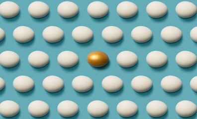 Concept of individuality, exclusivity, better choice. One golden egg among white eggs. Top view.